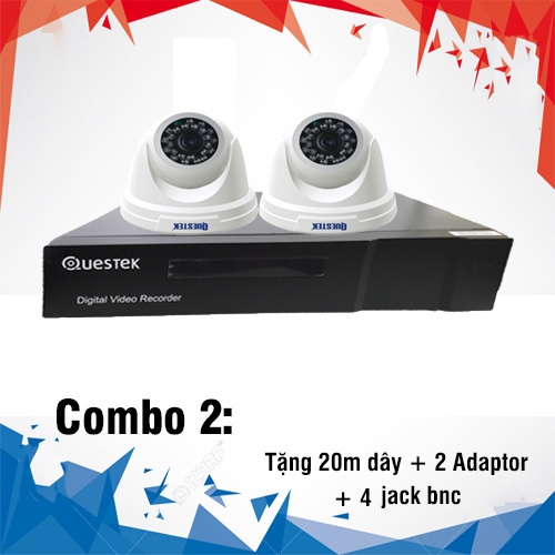 Combo Questek 2 Camera 1.0 Megapixel + Đầu ghi Questek 4 kênh, 2 Adaptor, 4 jack BNC