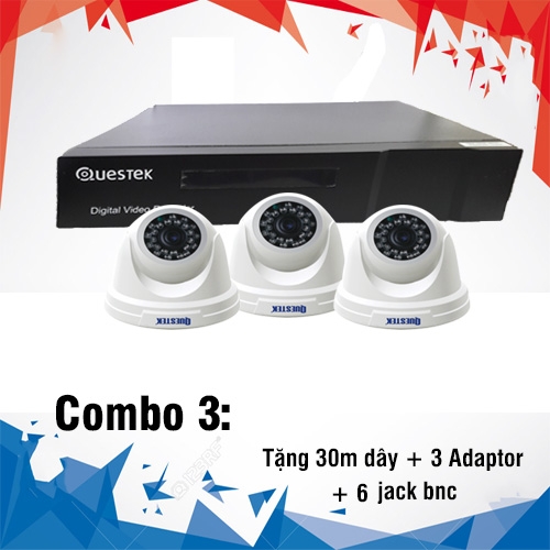 Combo Questek 3 Camera 1.0 Megapixel + Đầu ghi Questek 4 kênh, 3 Adaptor, 6 jack BNC