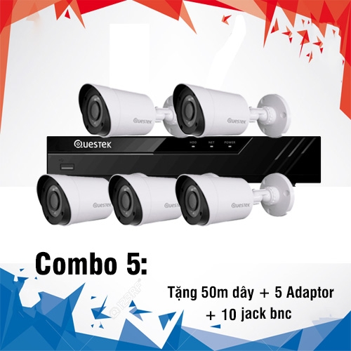 Combo Questek 5 Camera Thân 1.0 Megapixel + Đầu ghi Questek 8 kênh, 5 Adaptor, 10 jack BNC