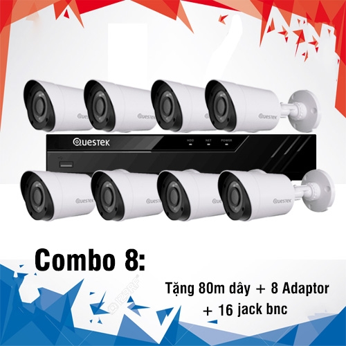 Combo Questek 8 Camera Thân 1.0 Megapixel + Đầu ghi Questek 8 kênh, 8 Adaptor, 16 jack BNC