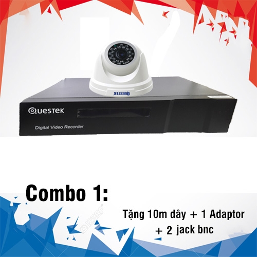 Combo Questek 1 Camera 1.0 Megapixel + Đầu ghi Questek 4 kênh, 1 Adaptor, 2 jack BNC